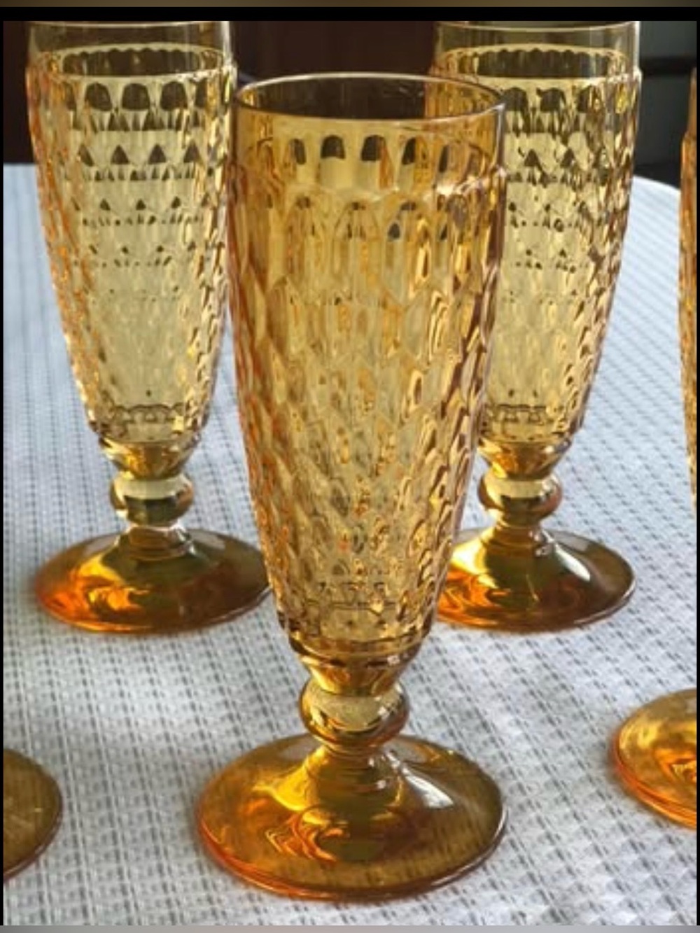 Boston Coloured Champagne Flutes,diamond pattern,saffron color,crystal,retro